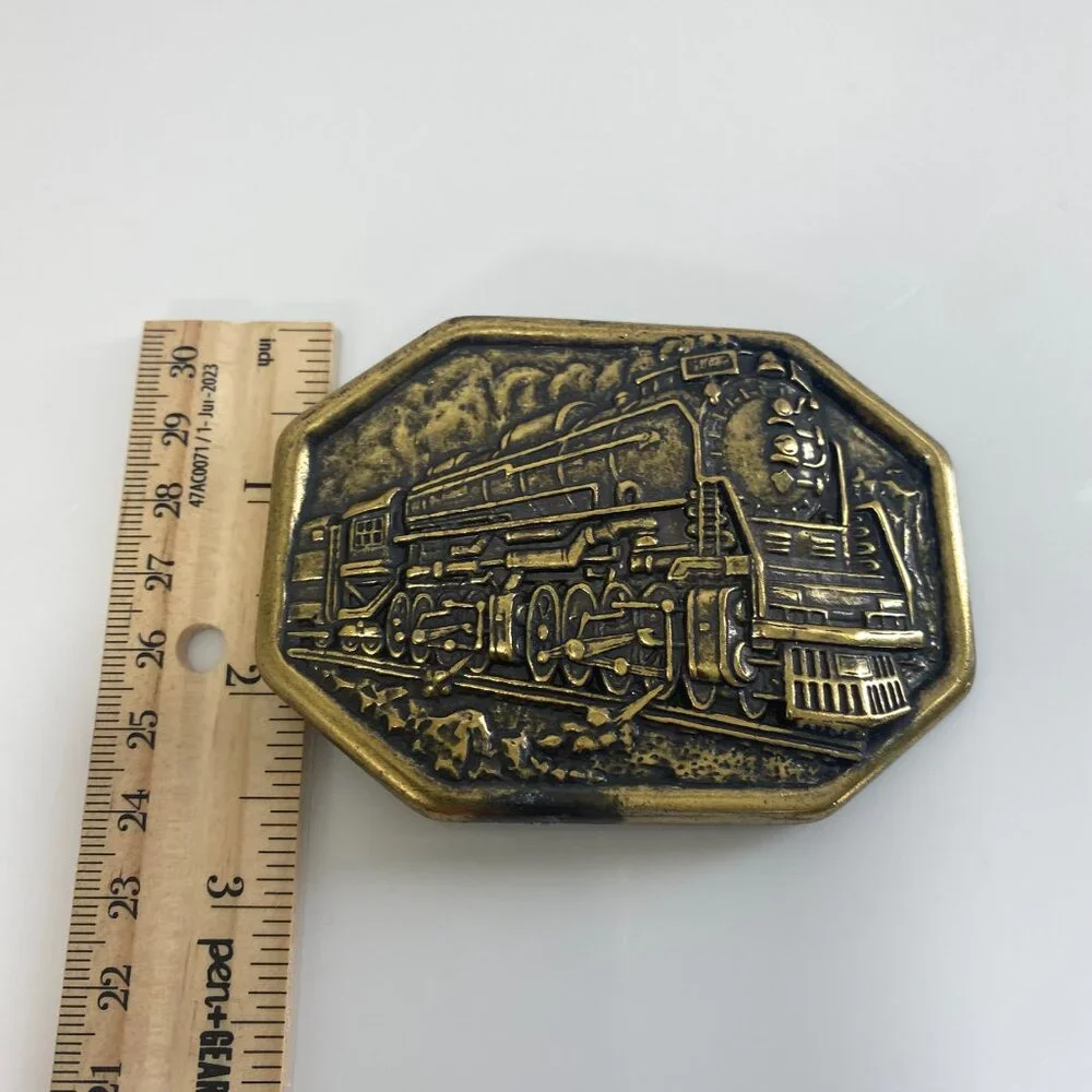 Vintage 80s Train Collectors Brass Steam Made In USA Railroad Engine Belt Buckle